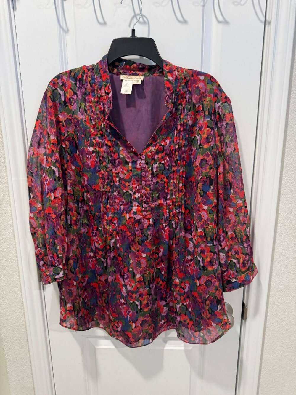 Coldwater Creek 1X Plus Size Purple Pink Floral Buton Front Shirt 3/4 sleeves.